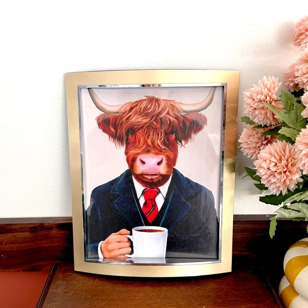 Office Highland Cow in Suit with Coffee Quirky Canvas Art Print Gold Framed Art